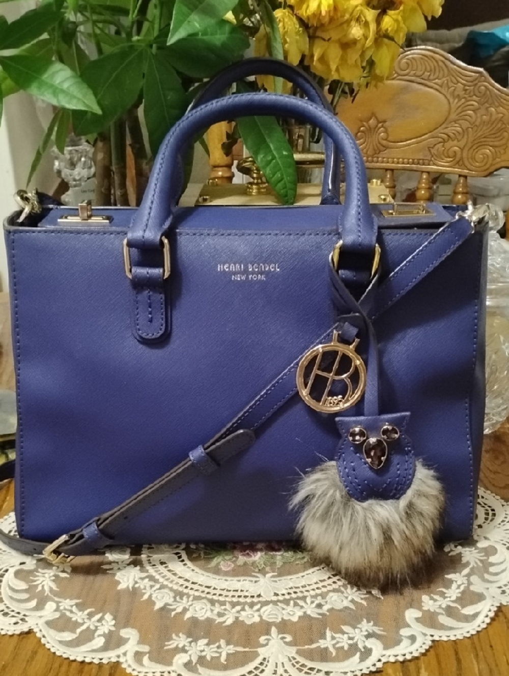 Henri Bendel Cobalt Blue Saffiano Leather Satchel with Real Fur Owl Charm & Gold